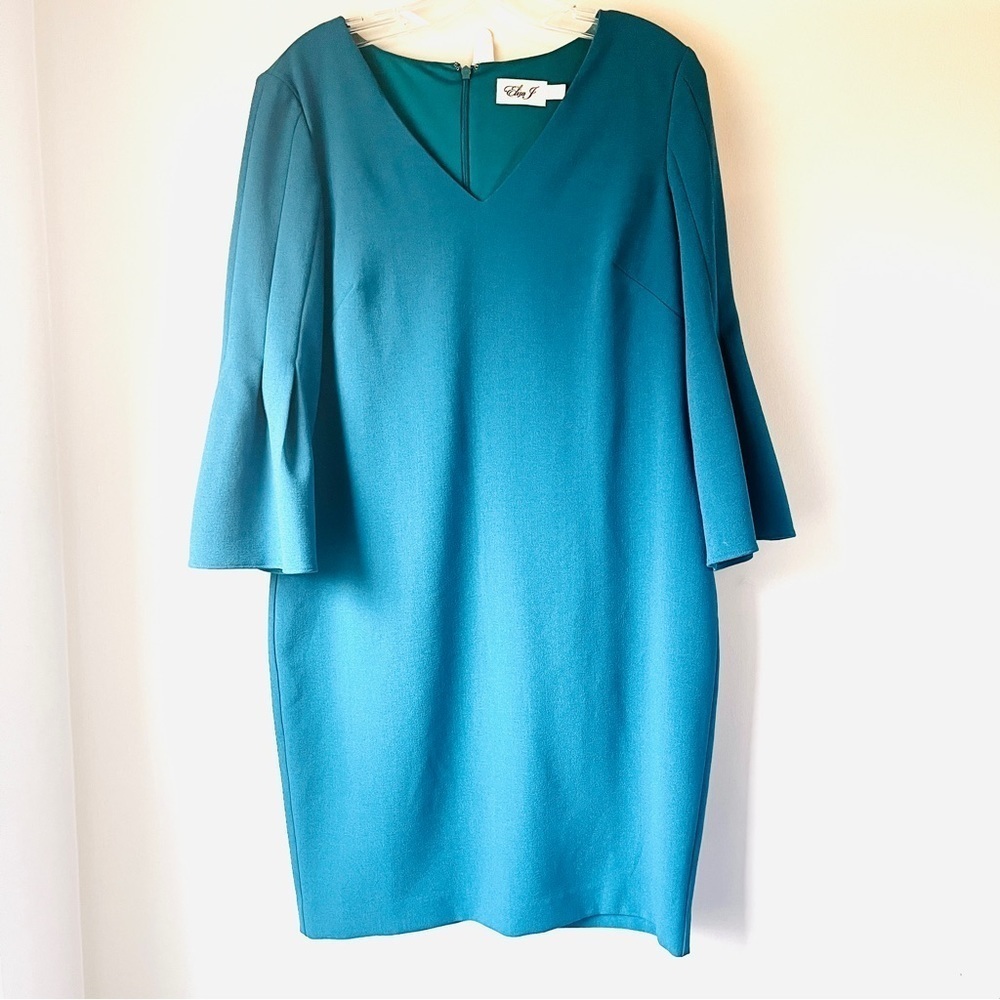Eliza J Teal Flare Sleeve V-Neck Sheath Semi Formal Dress
